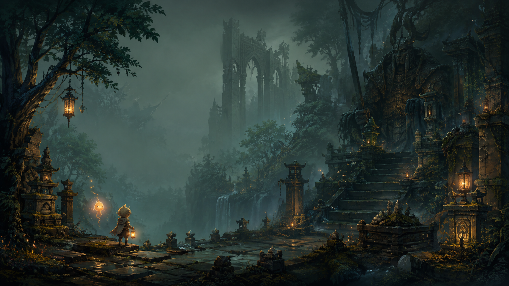 A lone traveler and amber soul face an immense guardian among misty forest ruins.