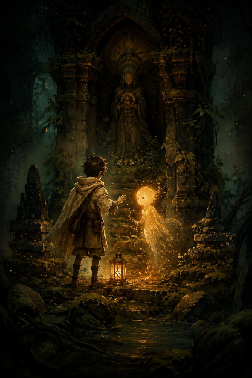 A novice reaches toward an amber spirit at a moss-covered shrine.