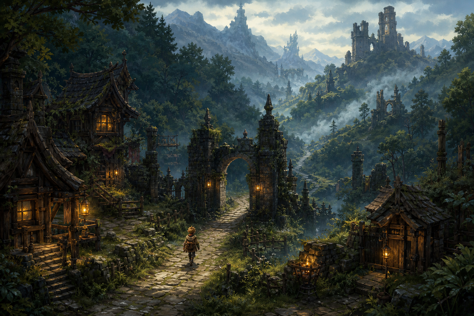 A cobbled road winds from a timber village through ancient gates toward distant ruined towers.